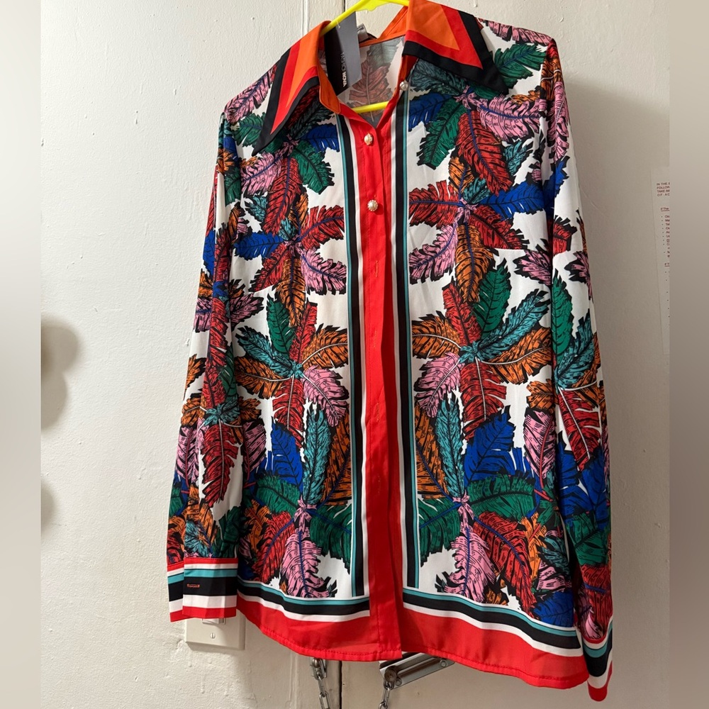 Fashion Nova Multicolor Feather Button Down Shirt
